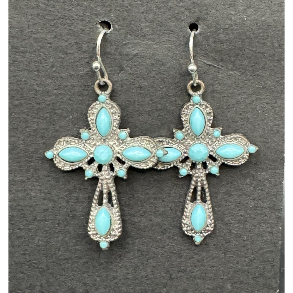 Silvertone Turquoise Cross Dangle Earrings Native American/Western